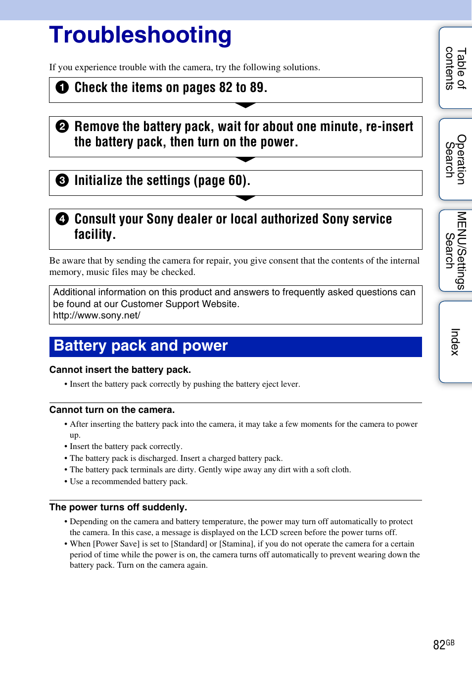 Troubleshooting, Battery pack and power | Sony DSC-W310 User Manual | Page 82 / 98