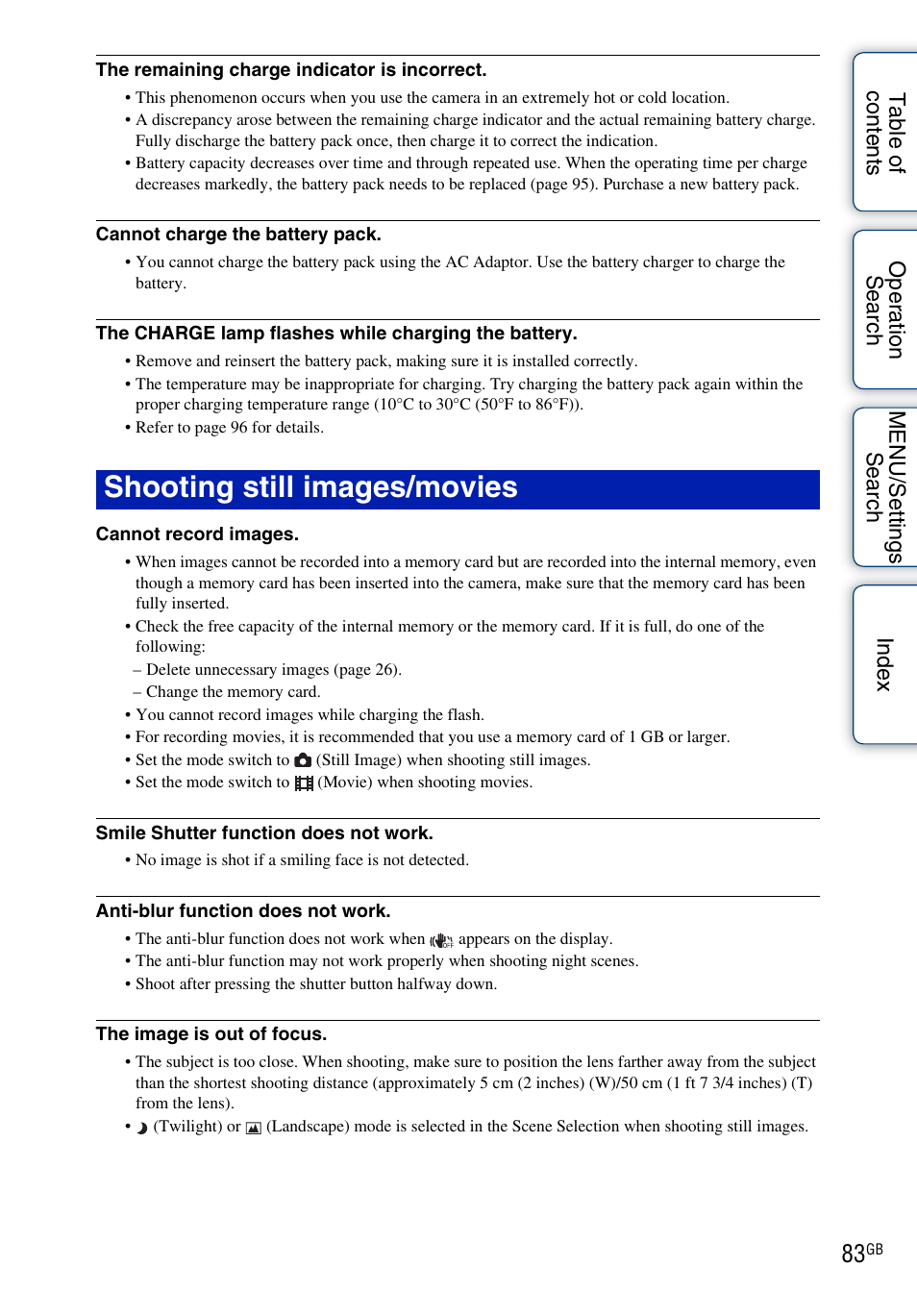 Shooting still images/movies | Sony DSC-W310 User Manual | Page 83 / 98