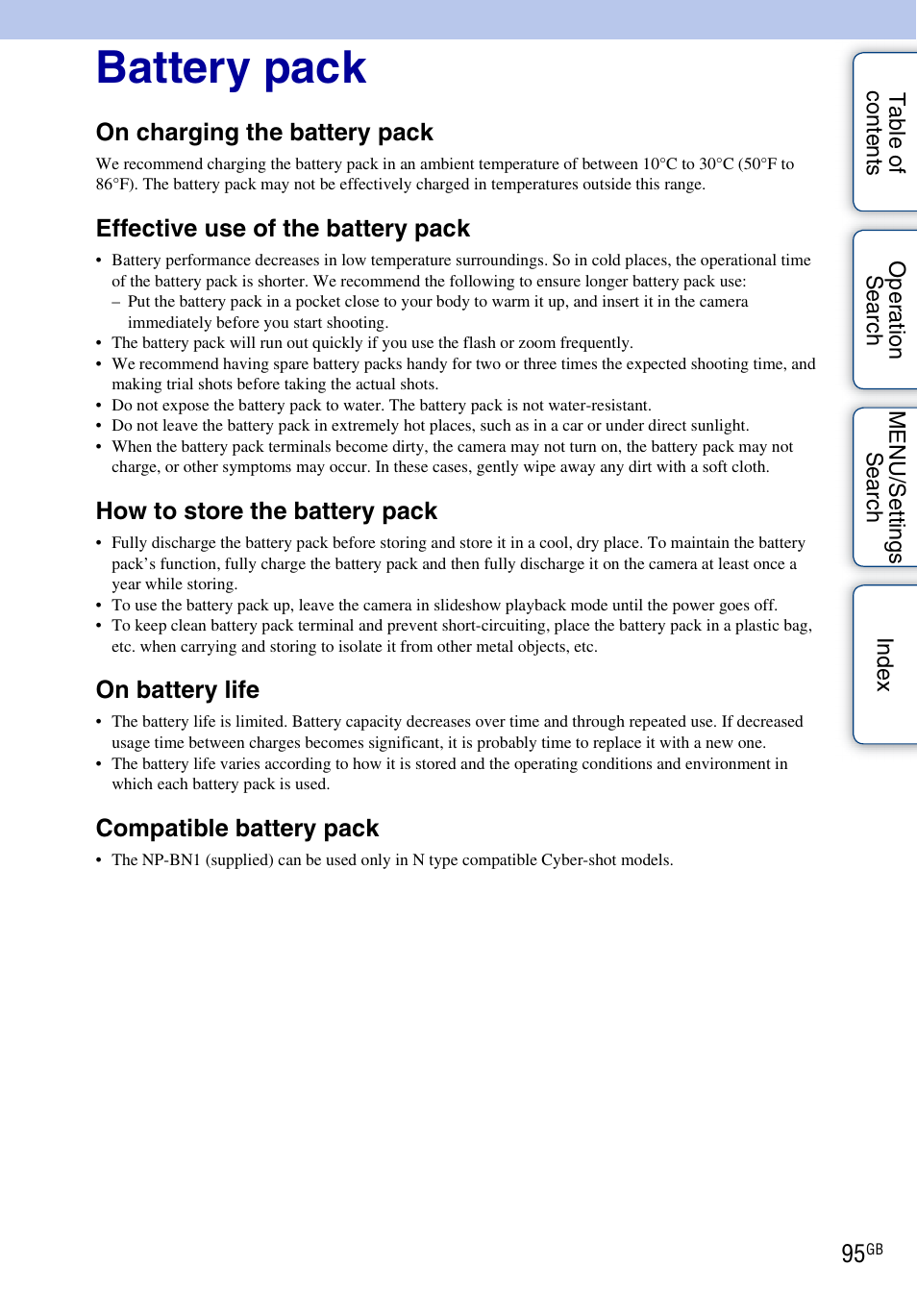 Battery pack, On charging the battery pack, Effective use of the battery pack | How to store the battery pack, On battery life, Compatible battery pack | Sony DSC-W310 User Manual | Page 95 / 98