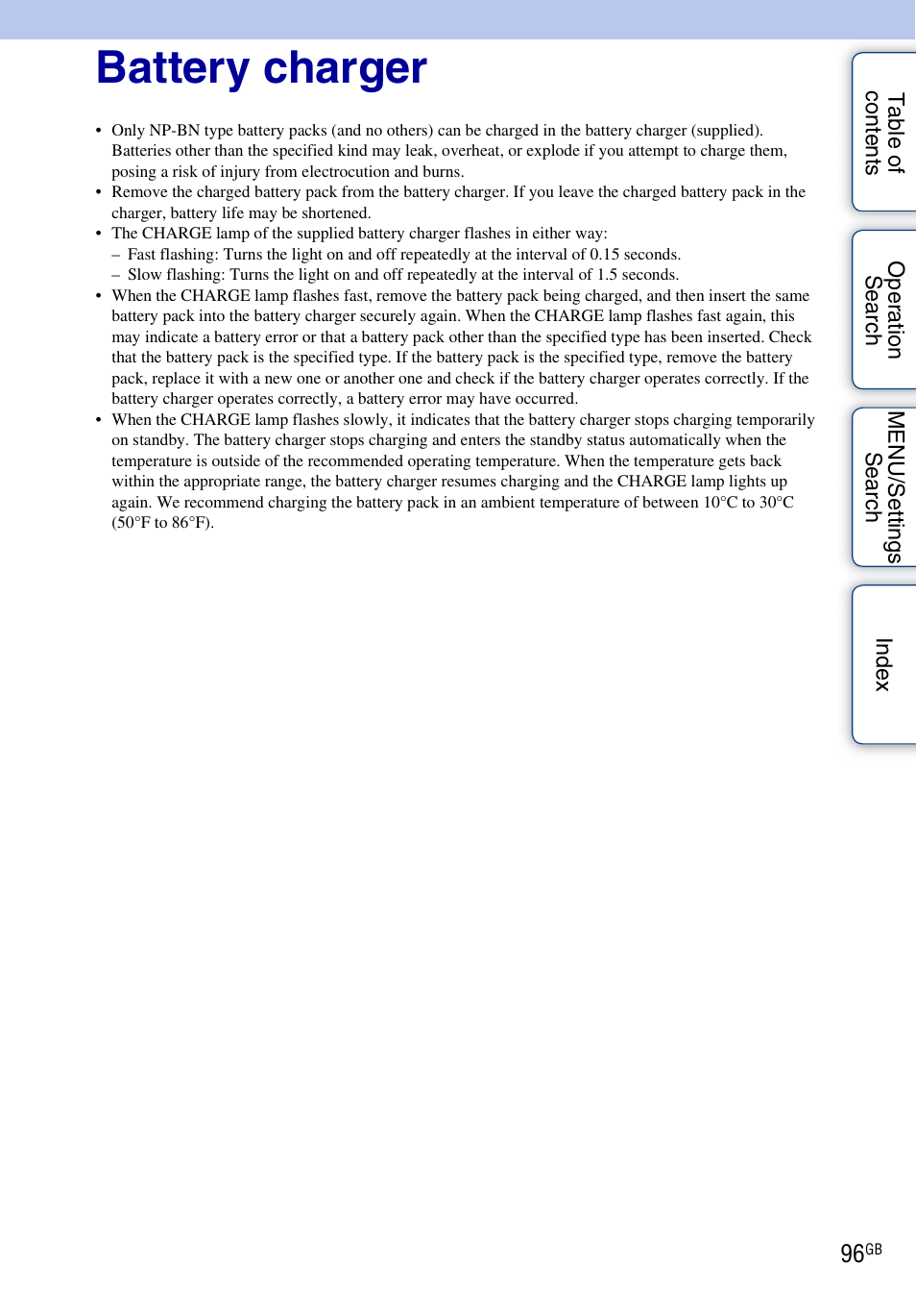 Battery charger, 96 fo | Sony DSC-W310 User Manual | Page 96 / 98