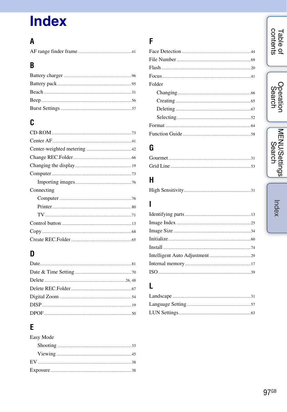 Index, De x | Sony DSC-W310 User Manual | Page 97 / 98