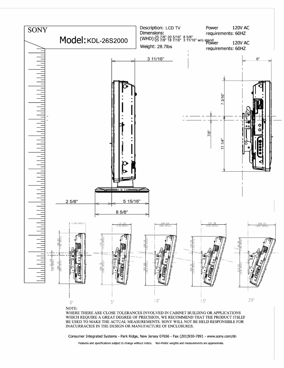 Model, 26s2, Sony | Sony KDL-26S2000 User Manual | Page 2 / 3