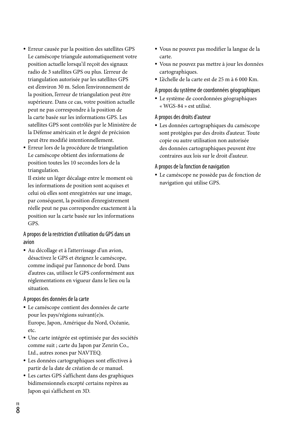A propos du système de coordonnées géographiques, A propos des droits d’auteur, A propos de la fonction de navigation | A propos des données de la carte | Sony HDR-XR500V User Manual | Page 16 / 28