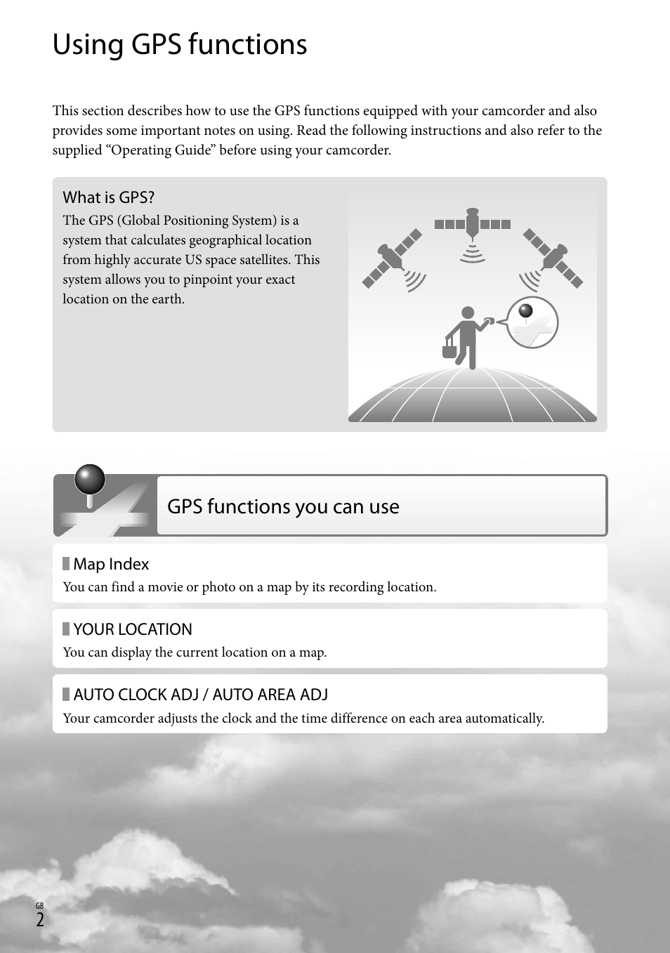 Using gps functions, Gps functions you can use | Sony HDR-XR500V User Manual | Page 2 / 28