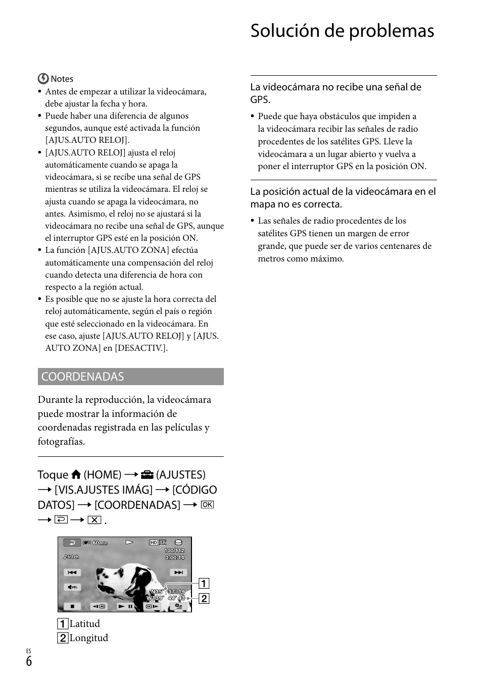 Solución de problemas, Coordenadas | Sony HDR-XR500V User Manual | Page 22 / 28