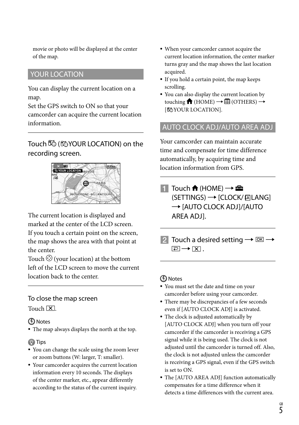 Auto clock adj/auto area adj, Your location, Touch ( your location) on the recording screen | Sony HDR-XR500V User Manual | Page 5 / 28