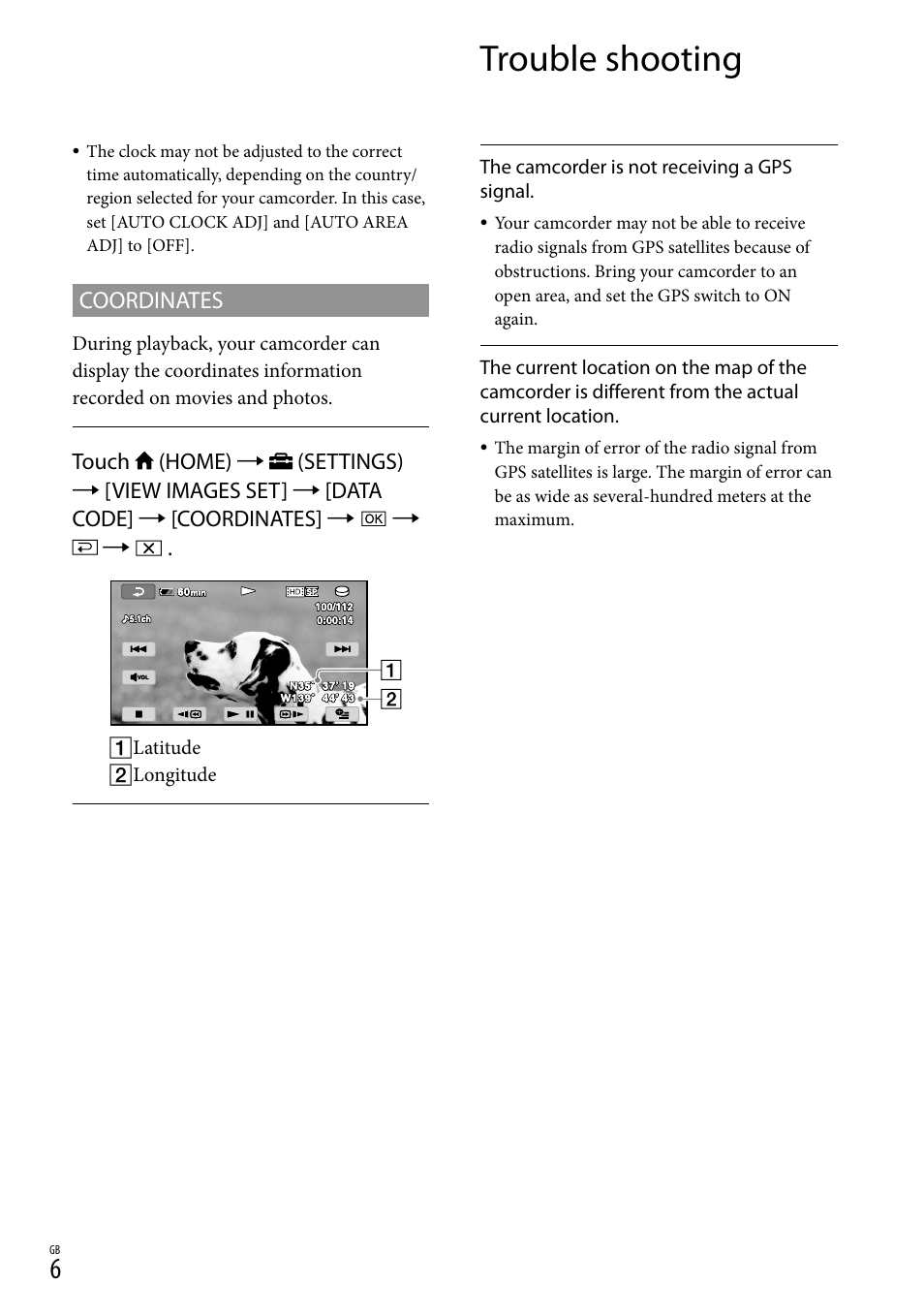 Trouble shooting, Coordinates | Sony HDR-XR500V User Manual | Page 6 / 28