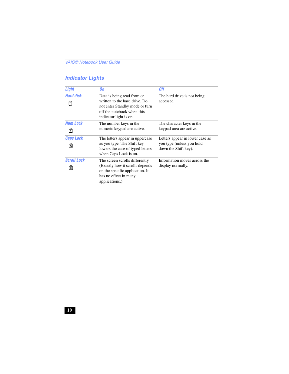 Indicator lights | Sony PCG-SR27 User Manual | Page 10 / 137