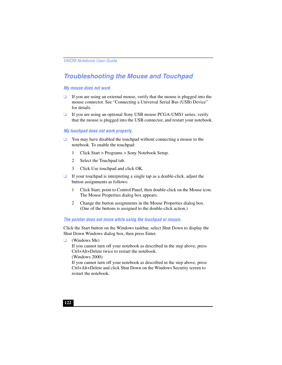 Troubleshooting the mouse and touchpad | Sony PCG-SR27 User Manual | Page 122 / 137