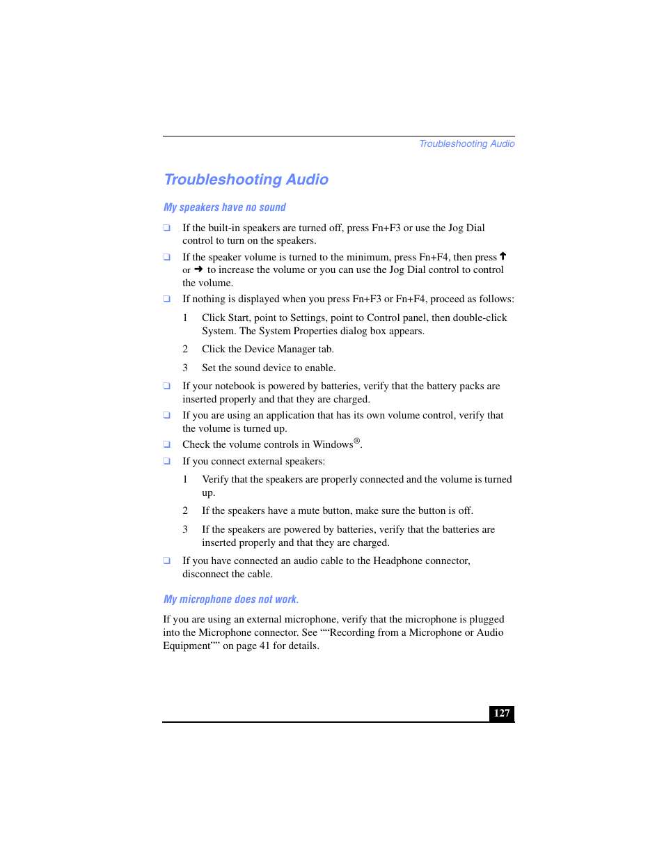 Troubleshooting audio | Sony PCG-SR27 User Manual | Page 127 / 137