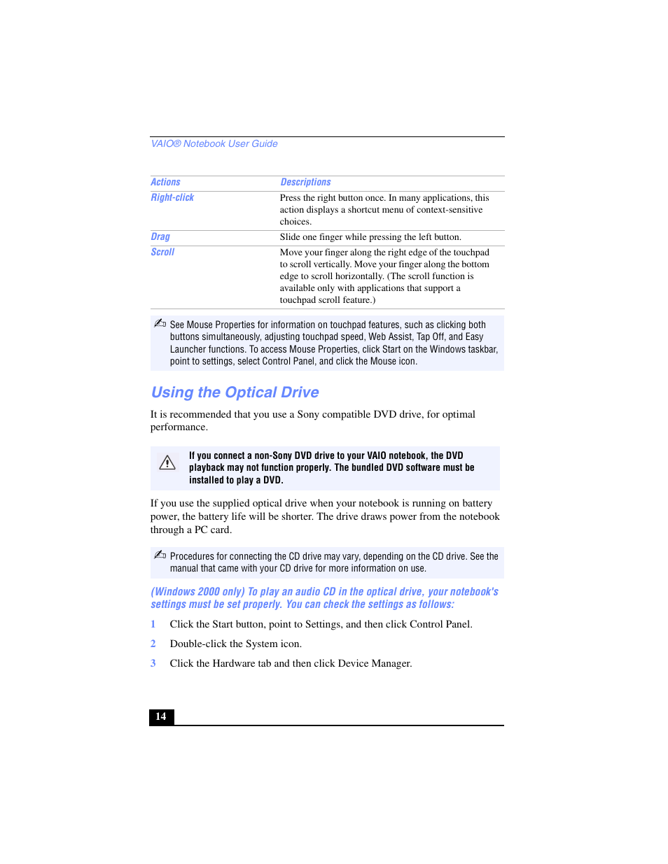 Using the optical drive | Sony PCG-SR27 User Manual | Page 14 / 137