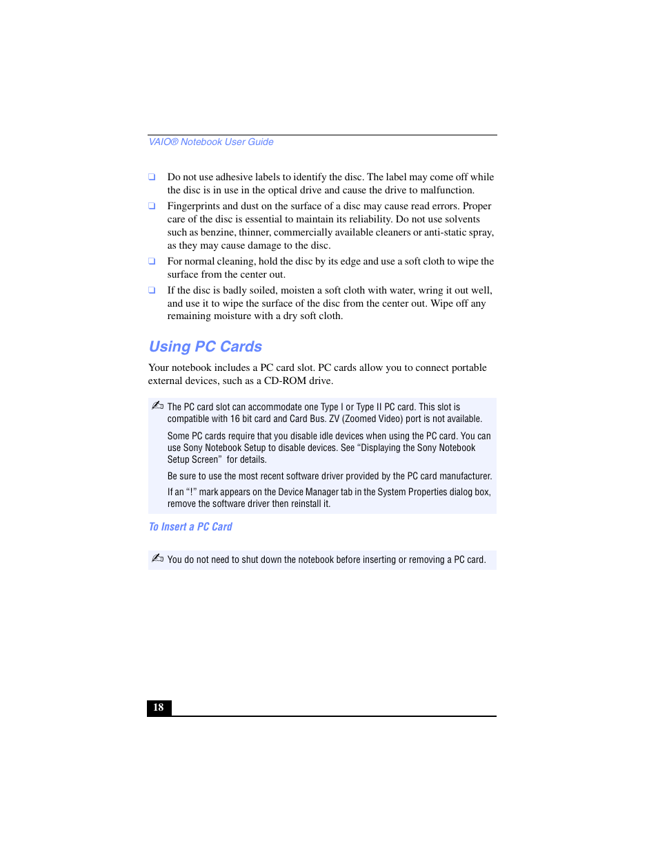 Using pc cards | Sony PCG-SR27 User Manual | Page 18 / 137