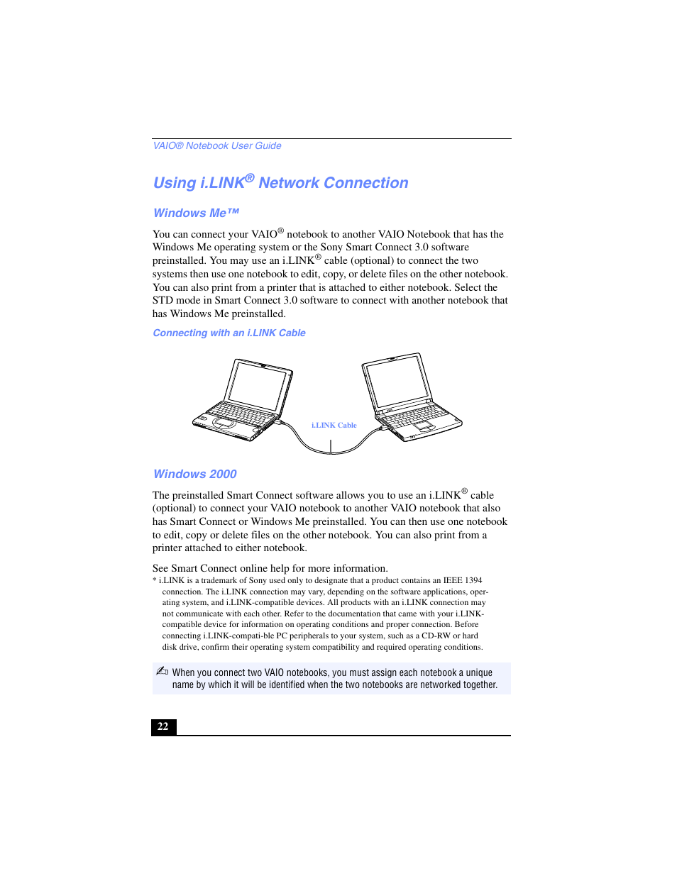 Using i.link® network connection, Windows me, Windows 2000 | Using i.link, Windows me™ windows 2000, Network connection | Sony PCG-SR27 User Manual | Page 22 / 137