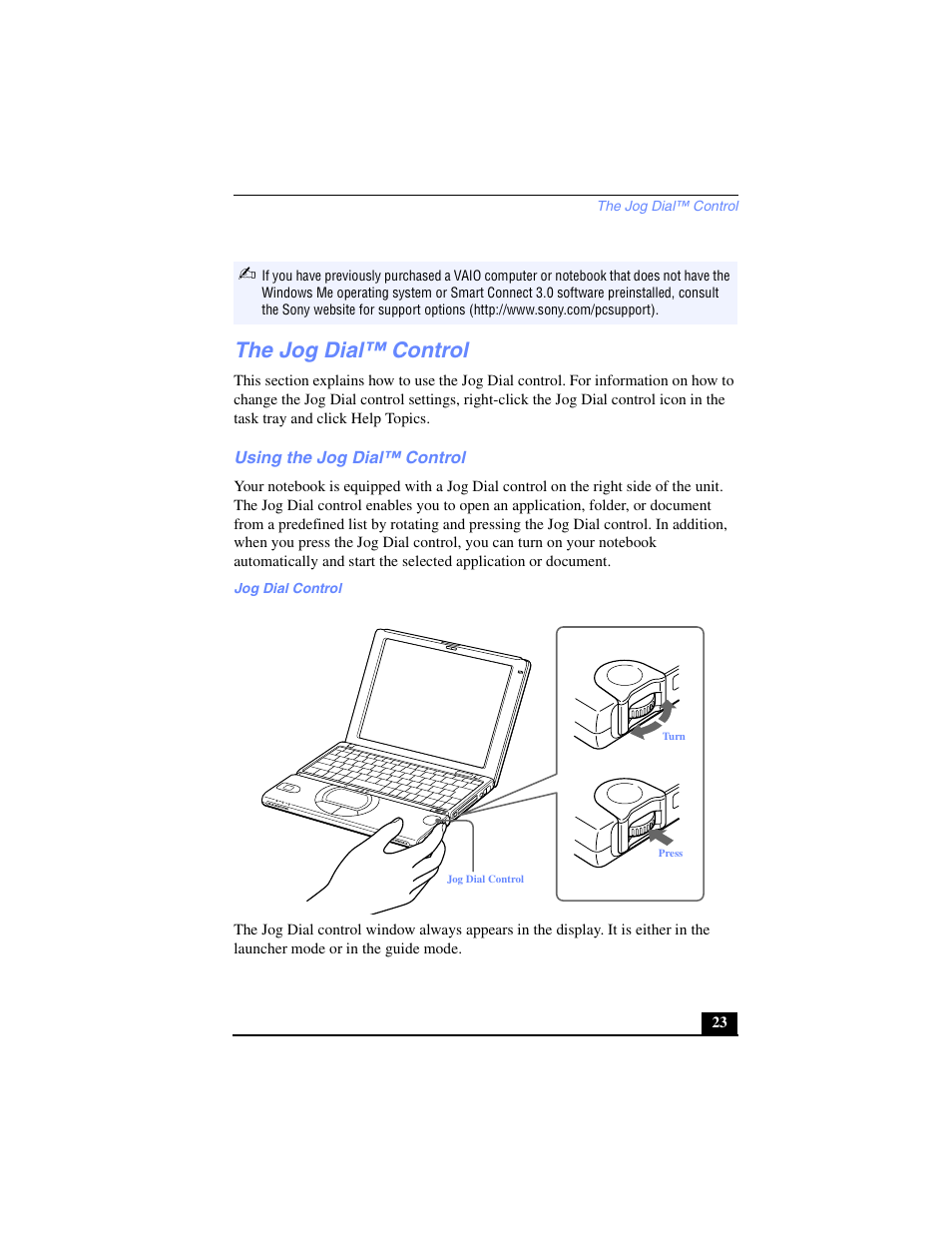 The jog dial™ control, Using the jog dial™ control | Sony PCG-SR27 User Manual | Page 23 / 137