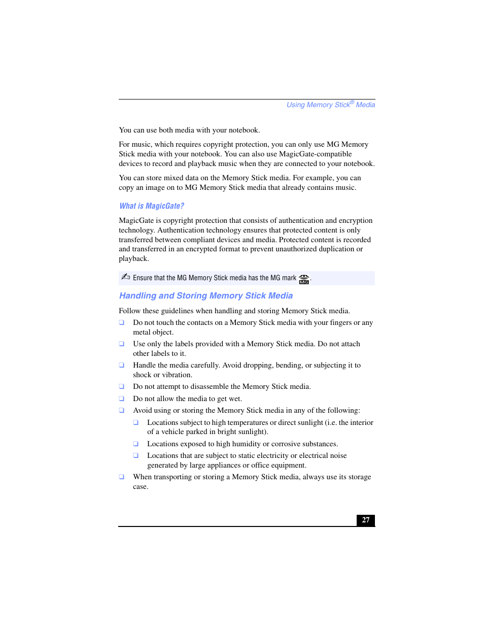 Handling and storing memory stick media, Handling and storing me | Sony PCG-SR27 User Manual | Page 27 / 137