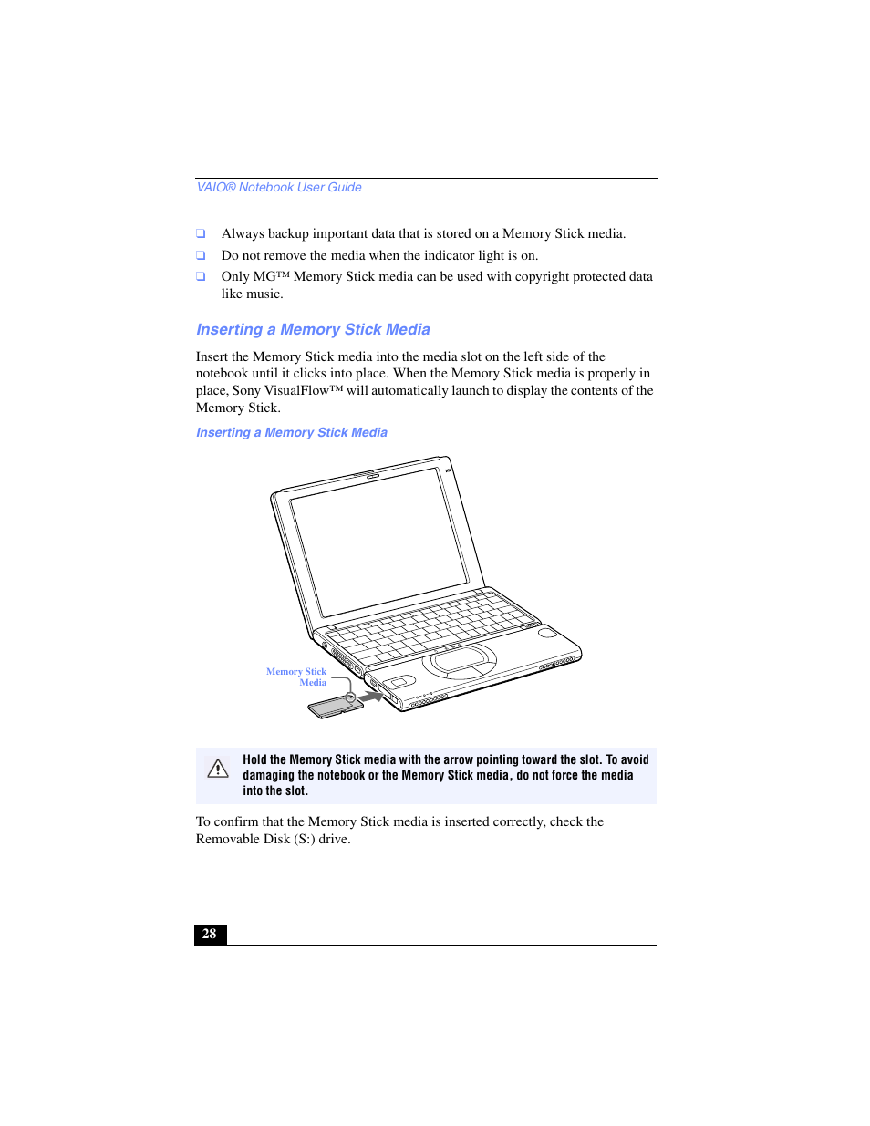 Inserting a memory stick media | Sony PCG-SR27 User Manual | Page 28 / 137