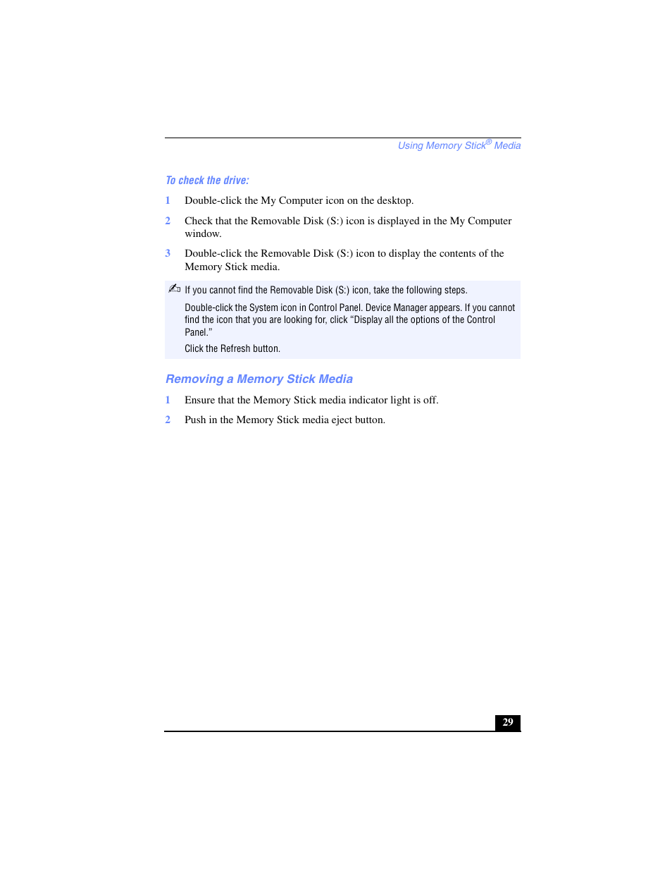 Removing a memory stick media | Sony PCG-SR27 User Manual | Page 29 / 137