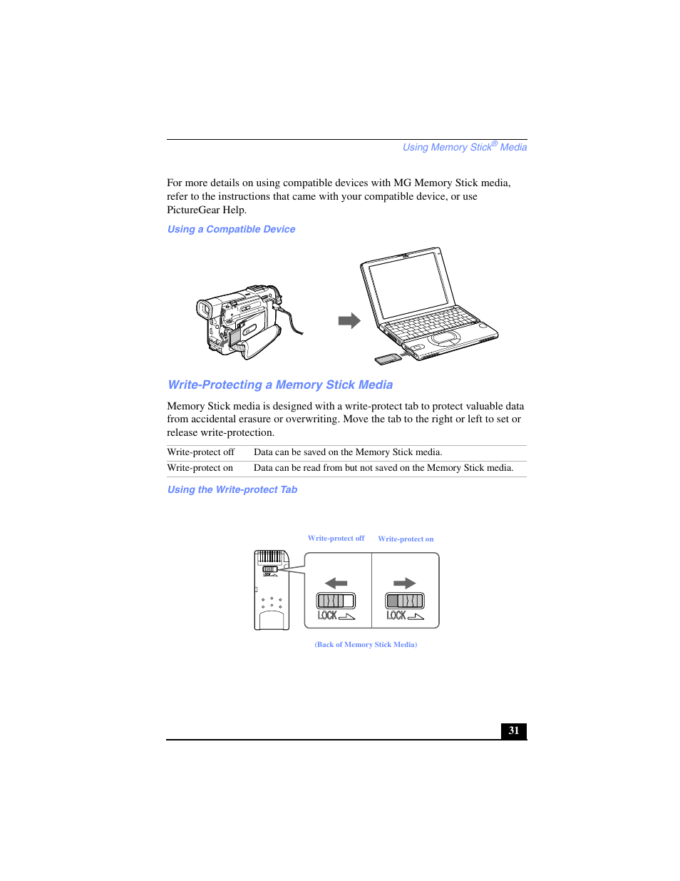 Write-protecting a memory stick media | Sony PCG-SR27 User Manual | Page 31 / 137