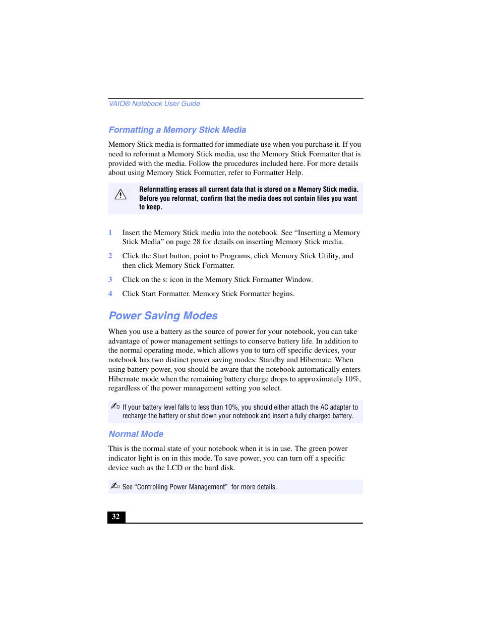 Formatting a memory stick media, Power saving modes, Normal mode | Sony PCG-SR27 User Manual | Page 32 / 137