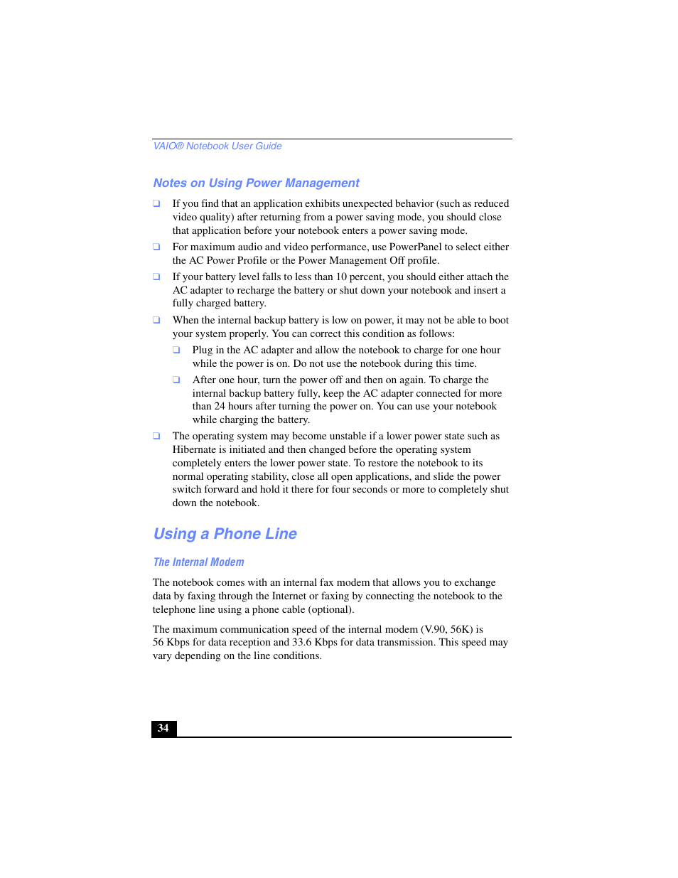 Notes on using power management, Using a phone line | Sony PCG-SR27 User Manual | Page 34 / 137