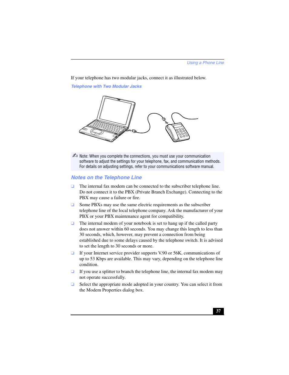 Notes on the telephone line | Sony PCG-SR27 User Manual | Page 37 / 137