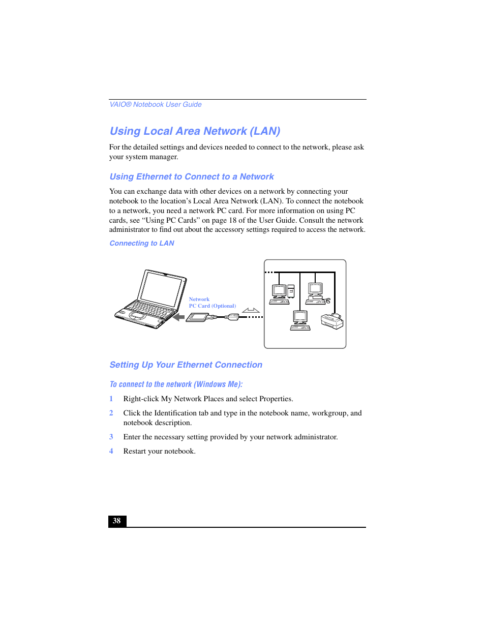 Using local area network (lan), Using ethernet to connect to a network, Setting up your ethernet connection | Sony PCG-SR27 User Manual | Page 38 / 137