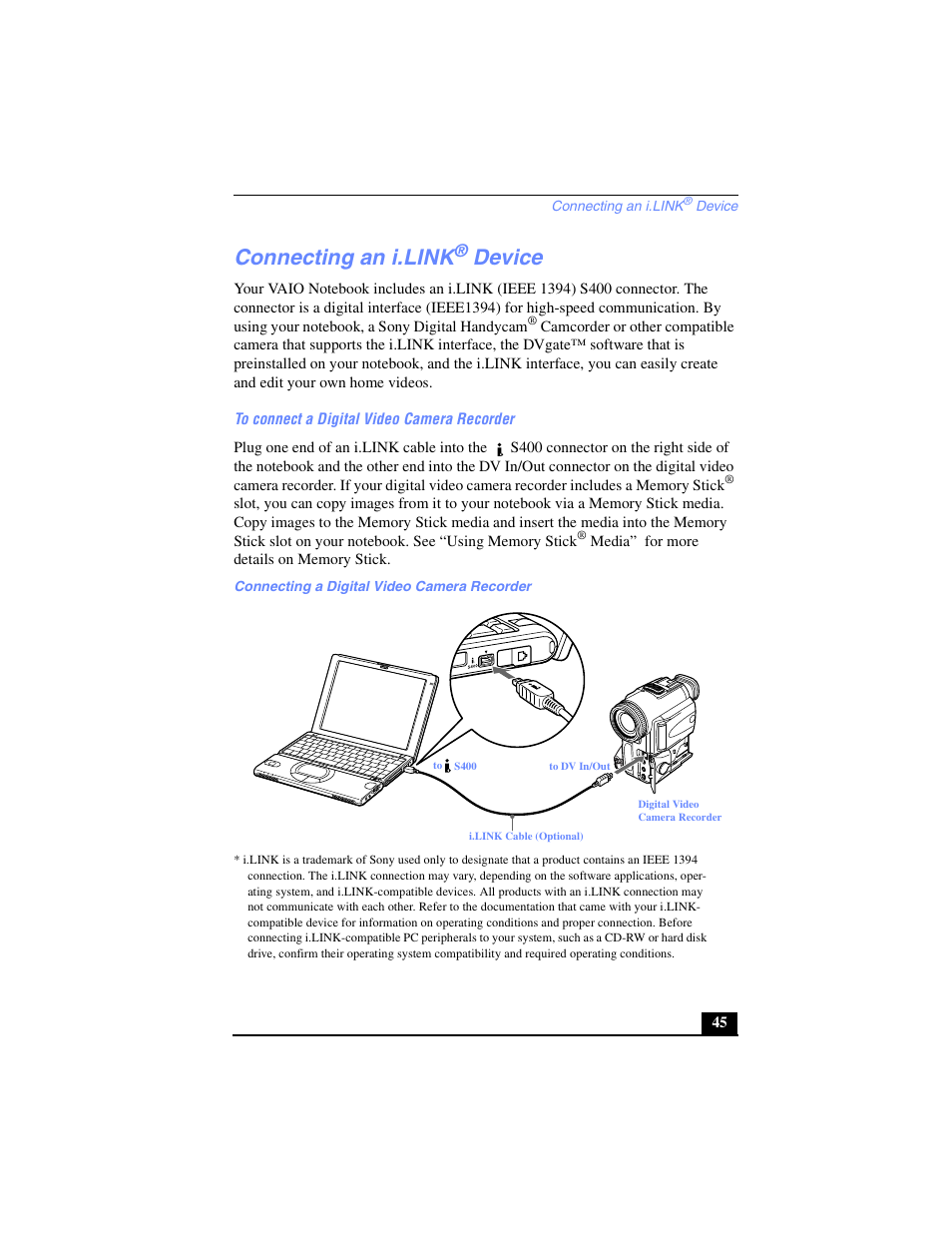 Connecting an i.link® device, Connecting an i.link, Device | Sony PCG-SR27 User Manual | Page 45 / 137