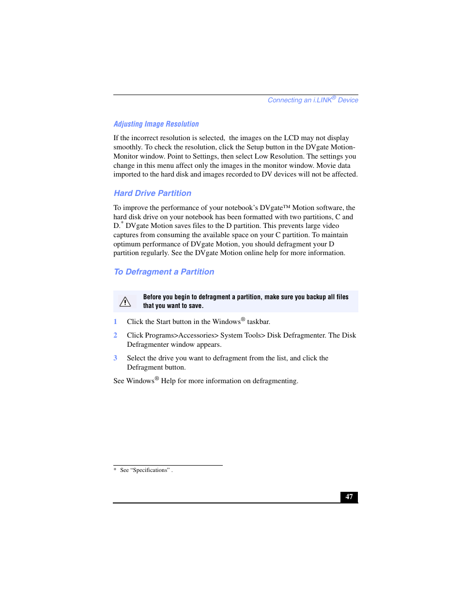 Hard drive partition, To defragment a partition, Hard drive partition to defragment a partition | Sony PCG-SR27 User Manual | Page 47 / 137