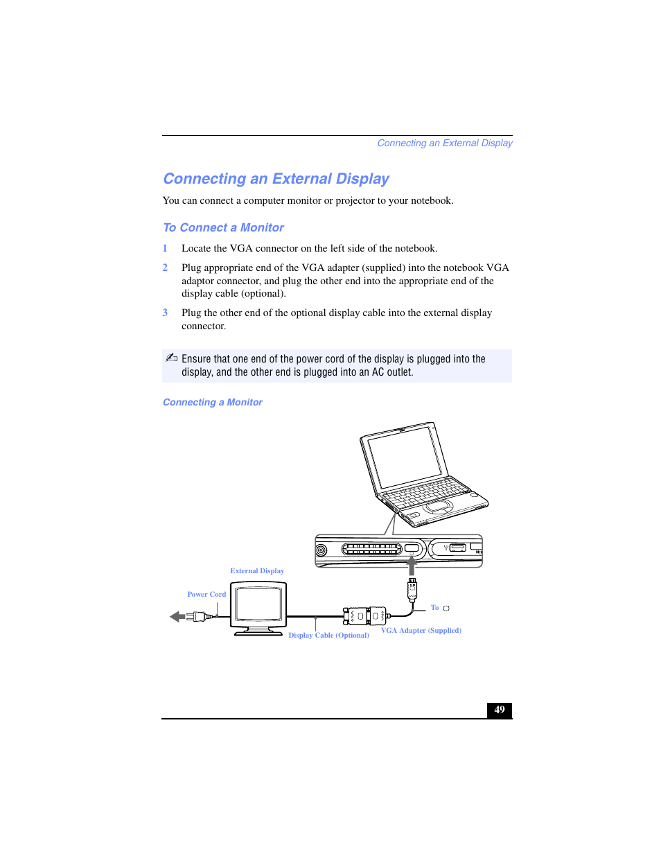 Connecting an external display, To connect a monitor | Sony PCG-SR27 User Manual | Page 49 / 137