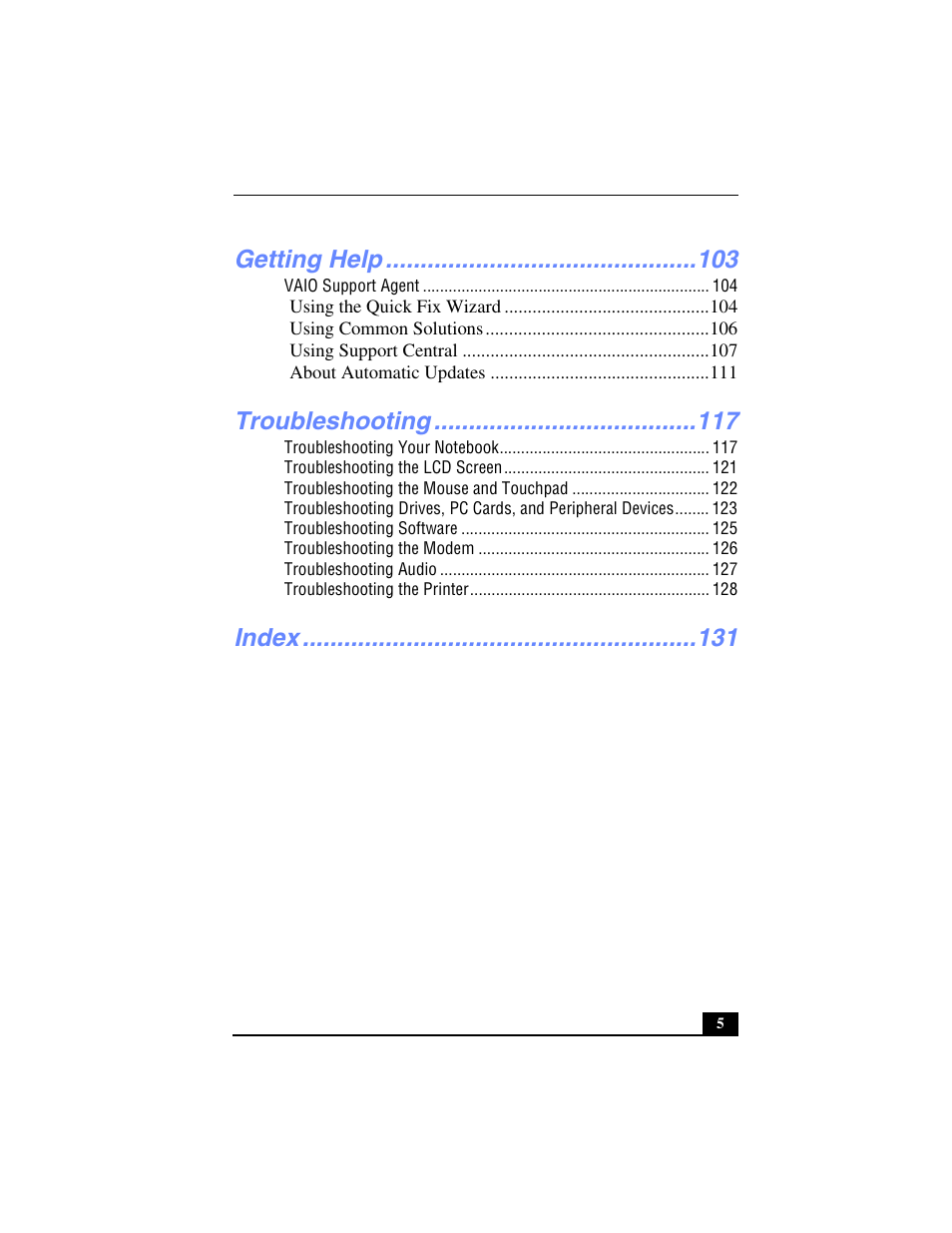 Getting help, Troubleshooting, Index | Sony PCG-SR27 User Manual | Page 5 / 137