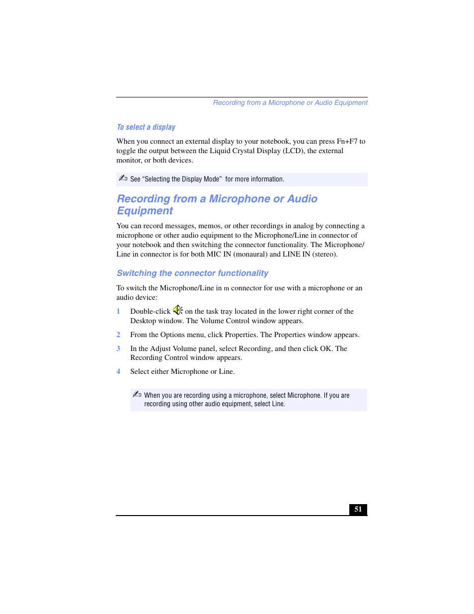 Recording from a microphone or audio equipment, Switching the connector functionality, To install a memory module | Sony PCG-SR27 User Manual | Page 51 / 137