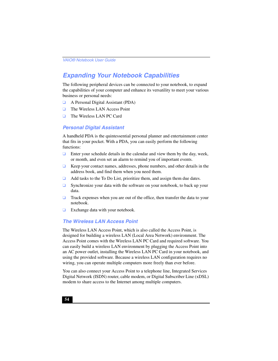 Expanding your notebook capabilities, Personal digital assistant, The wireless lan access point | Sony PCG-SR27 User Manual | Page 54 / 137