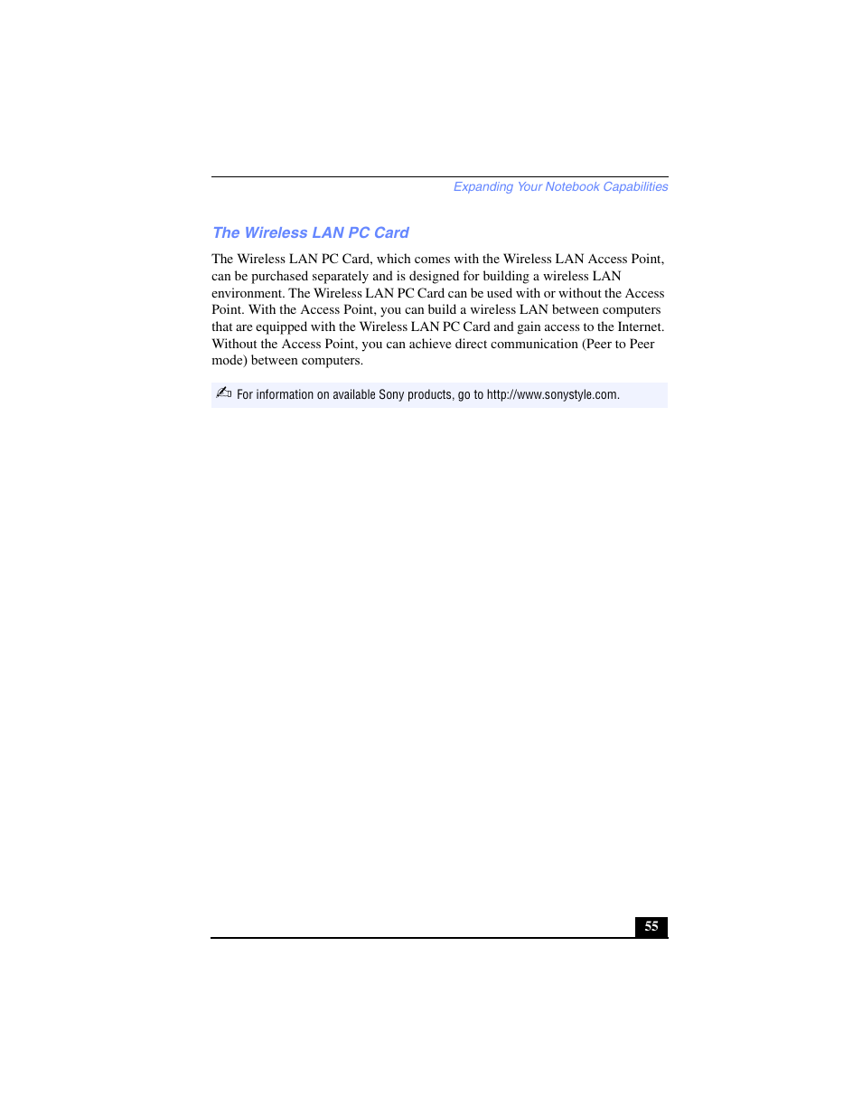 The wireless lan pc card | Sony PCG-SR27 User Manual | Page 55 / 137