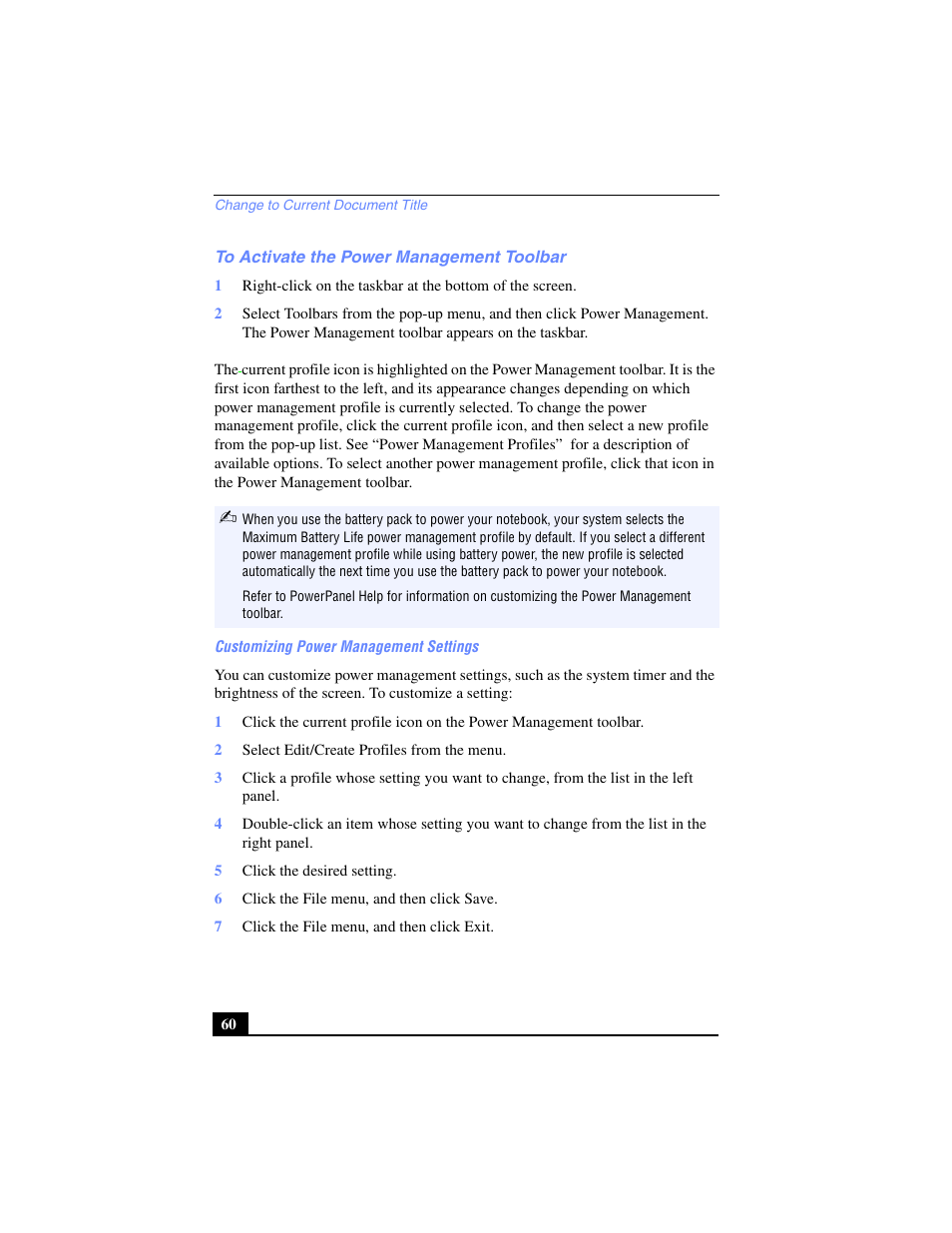 To activate the power management toolbar | Sony PCG-SR27 User Manual | Page 60 / 137