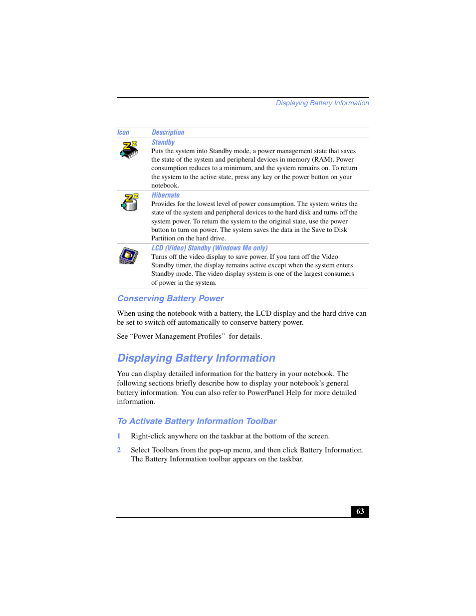 Conserving battery power, Displaying battery information, To activate battery information toolbar | Sony PCG-SR27 User Manual | Page 63 / 137