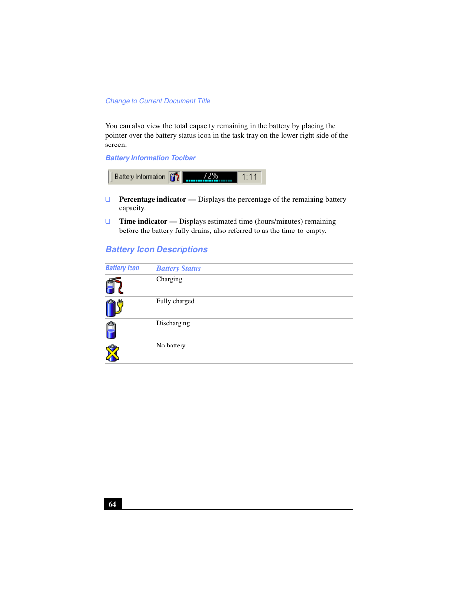 Battery icon descriptions | Sony PCG-SR27 User Manual | Page 64 / 137