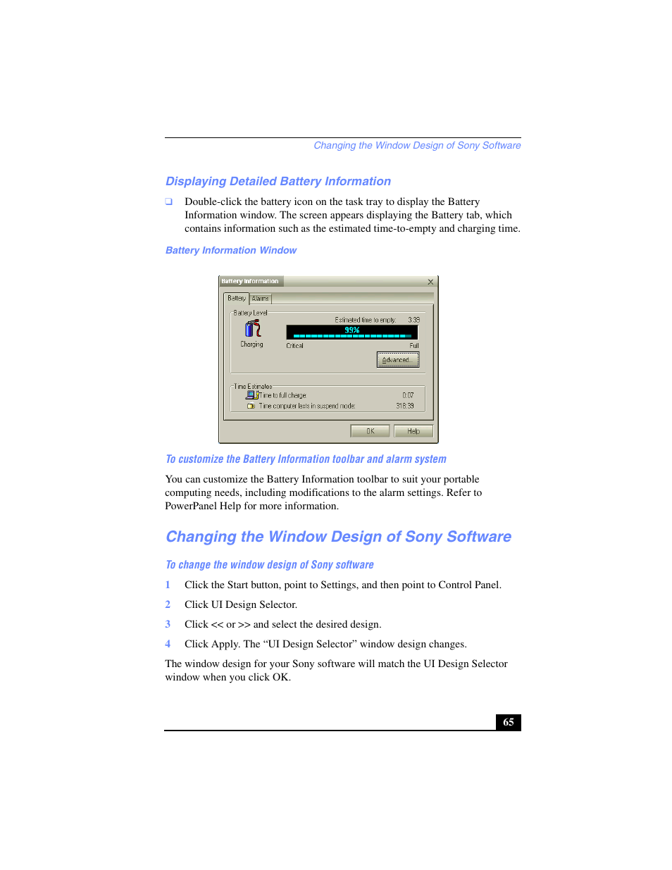 Displaying detailed battery information, Changing the window design of sony software | Sony PCG-SR27 User Manual | Page 65 / 137