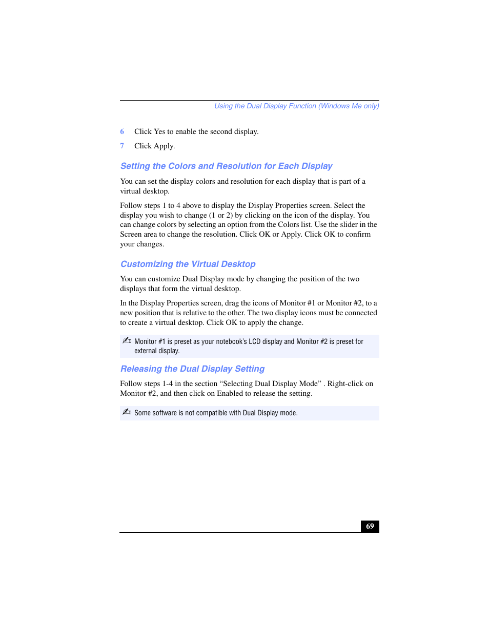 Setting the colors and resolution for each display, Customizing the virtual desktop, Releasing the dual display setting | Sony PCG-SR27 User Manual | Page 69 / 137