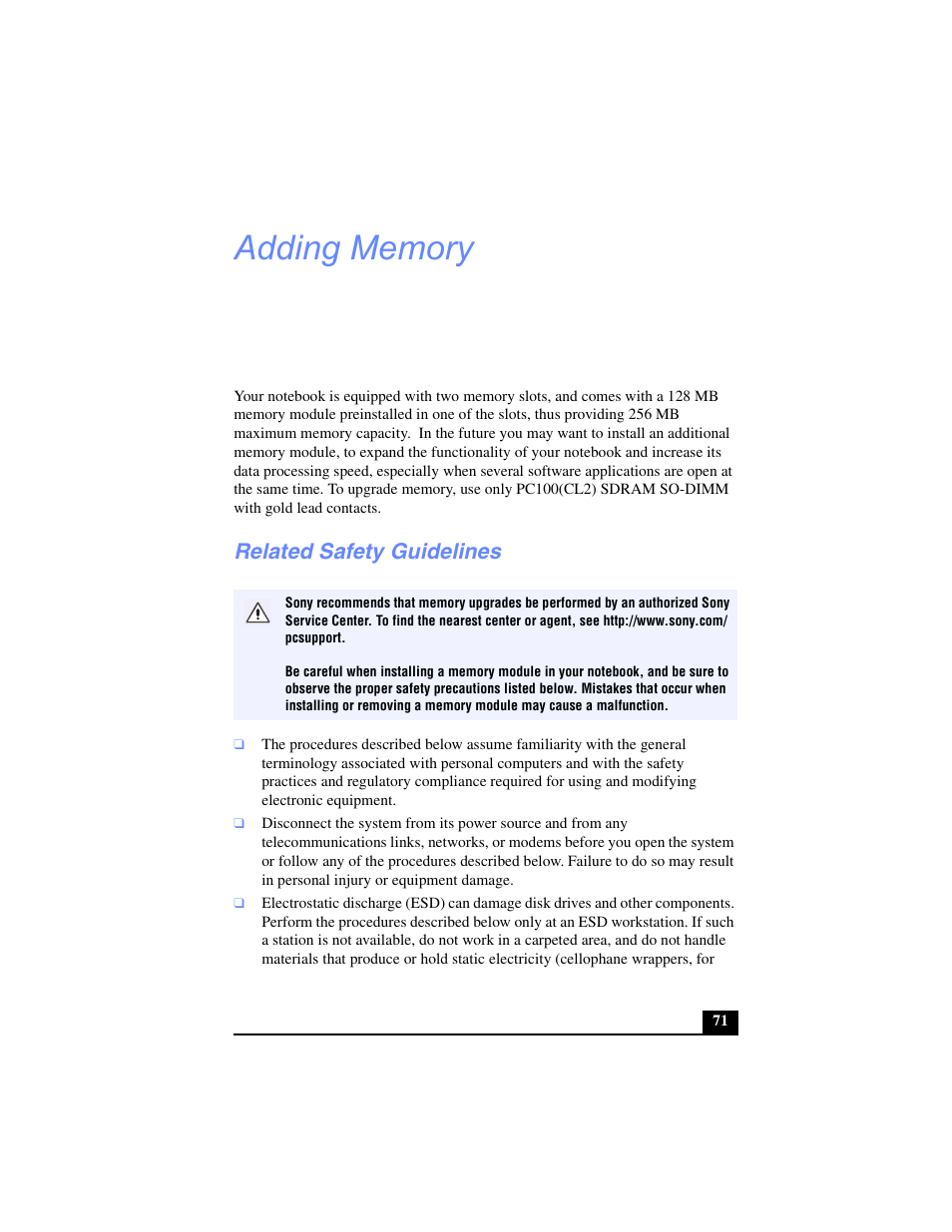 Adding memory, Related safety guidelines | Sony PCG-SR27 User Manual | Page 71 / 137