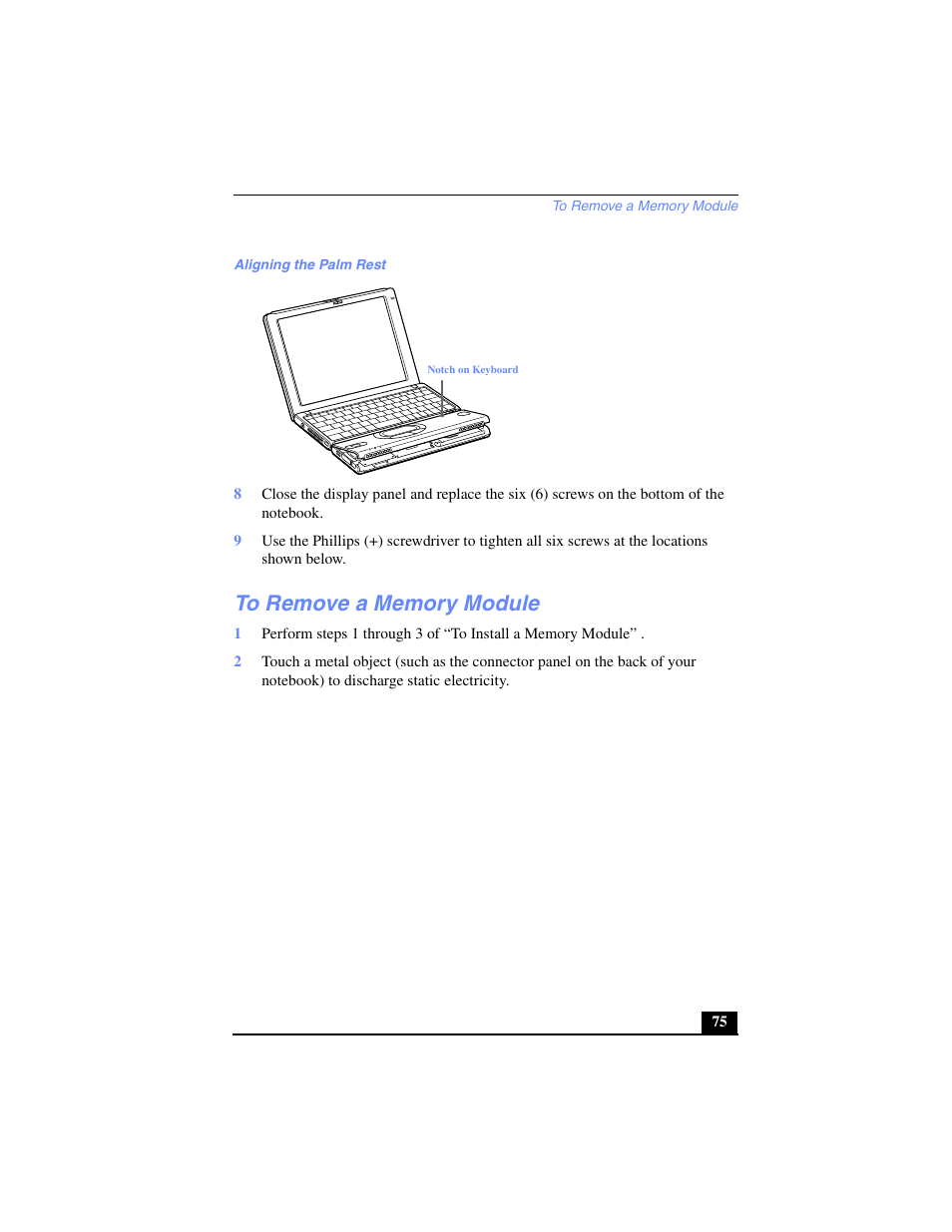 To remove a memory module | Sony PCG-SR27 User Manual | Page 75 / 137