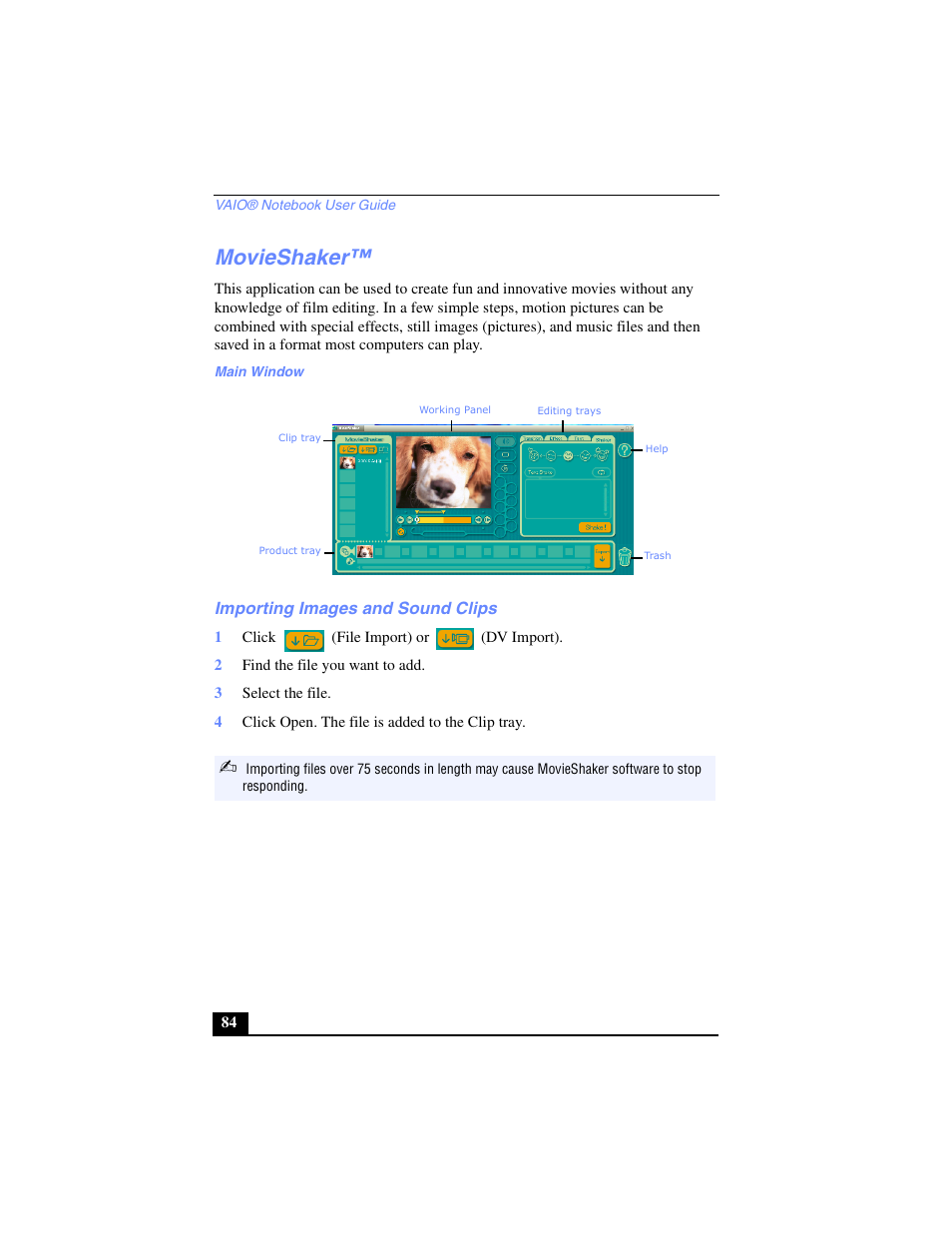 Movieshaker, Importing images and sound clips | Sony PCG-SR27 User Manual | Page 84 / 137