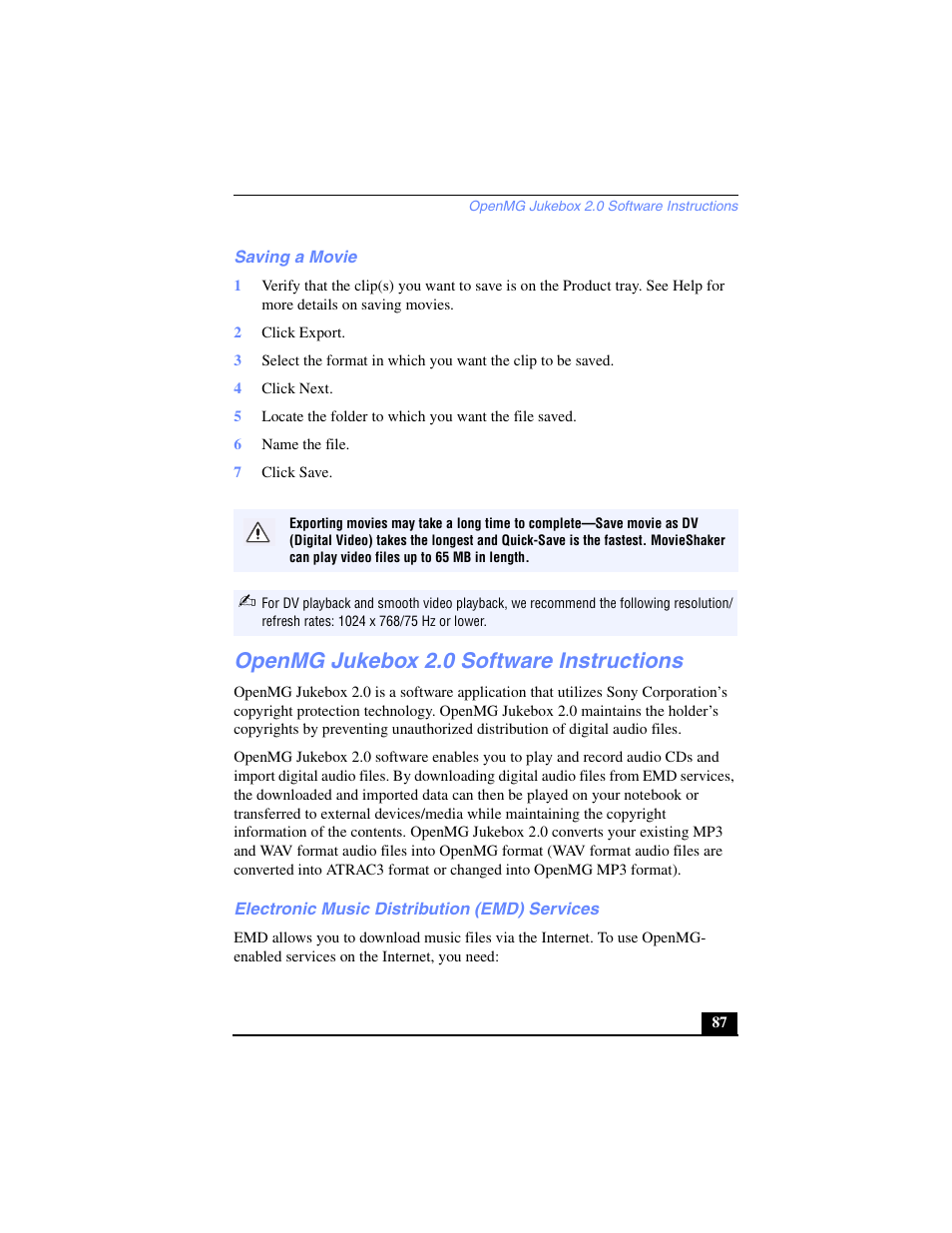 Saving a movie, Openmg jukebox 2.0 software instructions, Electronic music distribution (emd) services | Sony PCG-SR27 User Manual | Page 87 / 137