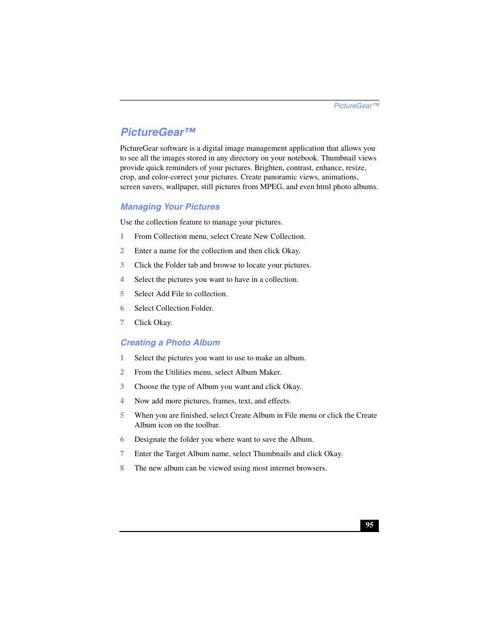 Picturegear, Managing your pictures, Creating a photo album | Managing your pictures creating a photo album | Sony PCG-SR27 User Manual | Page 95 / 137