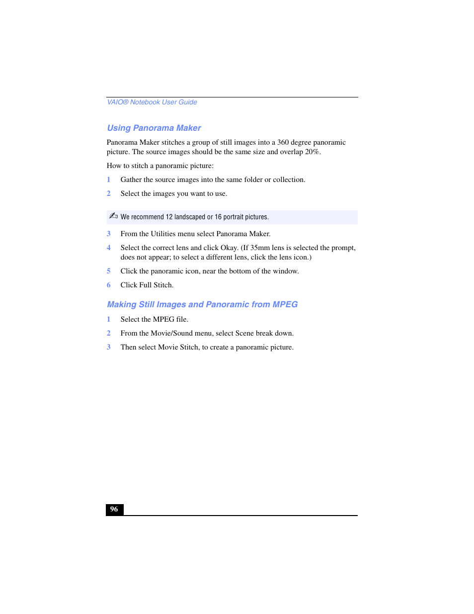 Using panorama maker, Making still images and panoramic from mpeg | Sony PCG-SR27 User Manual | Page 96 / 137