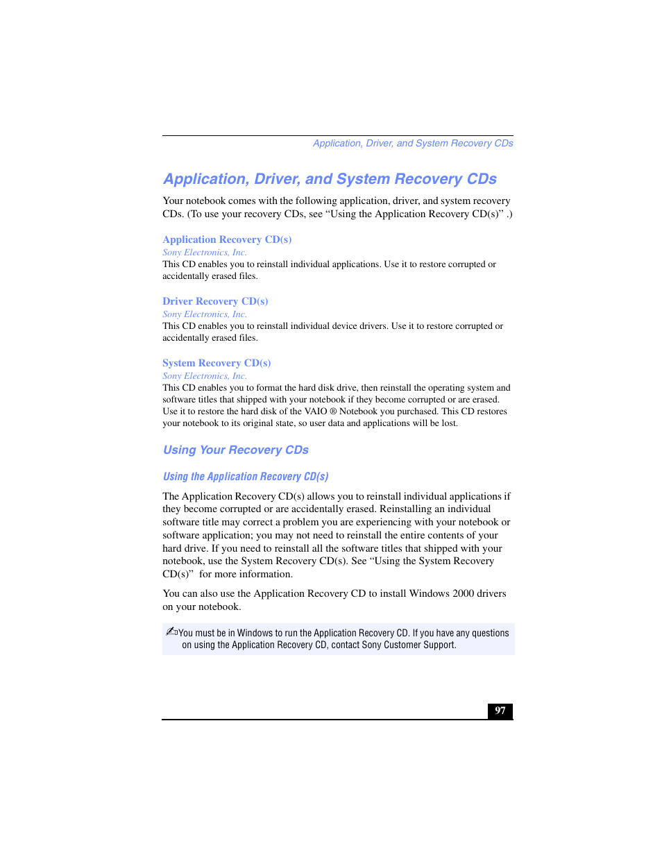 Application, driver, and system recovery cds, Using your recovery cds | Sony PCG-SR27 User Manual | Page 97 / 137