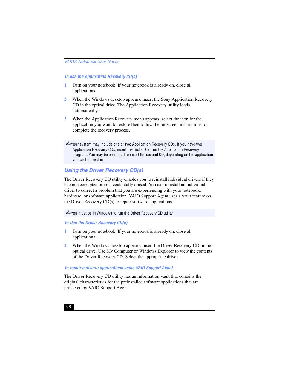 Using the driver recovery cd(s) | Sony PCG-SR27 User Manual | Page 98 / 137