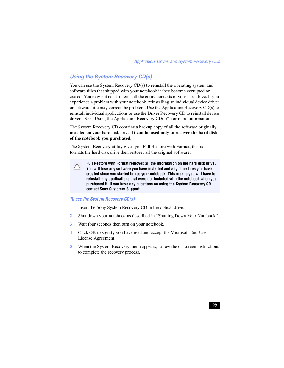 Using the system recovery cd(s) | Sony PCG-SR27 User Manual | Page 99 / 137