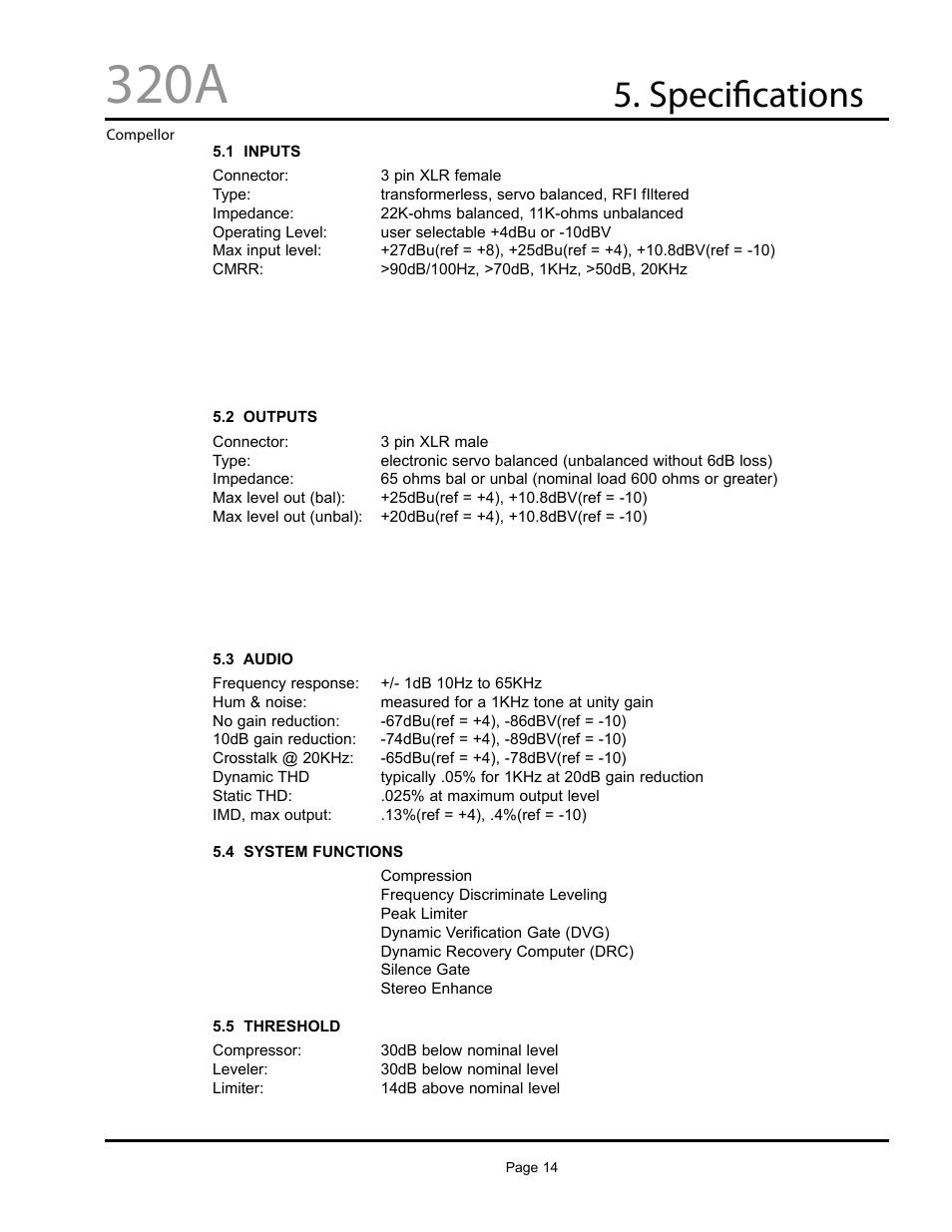 320a, Specifications | Aphex Systems 320A User Manual | Page 14 / 41