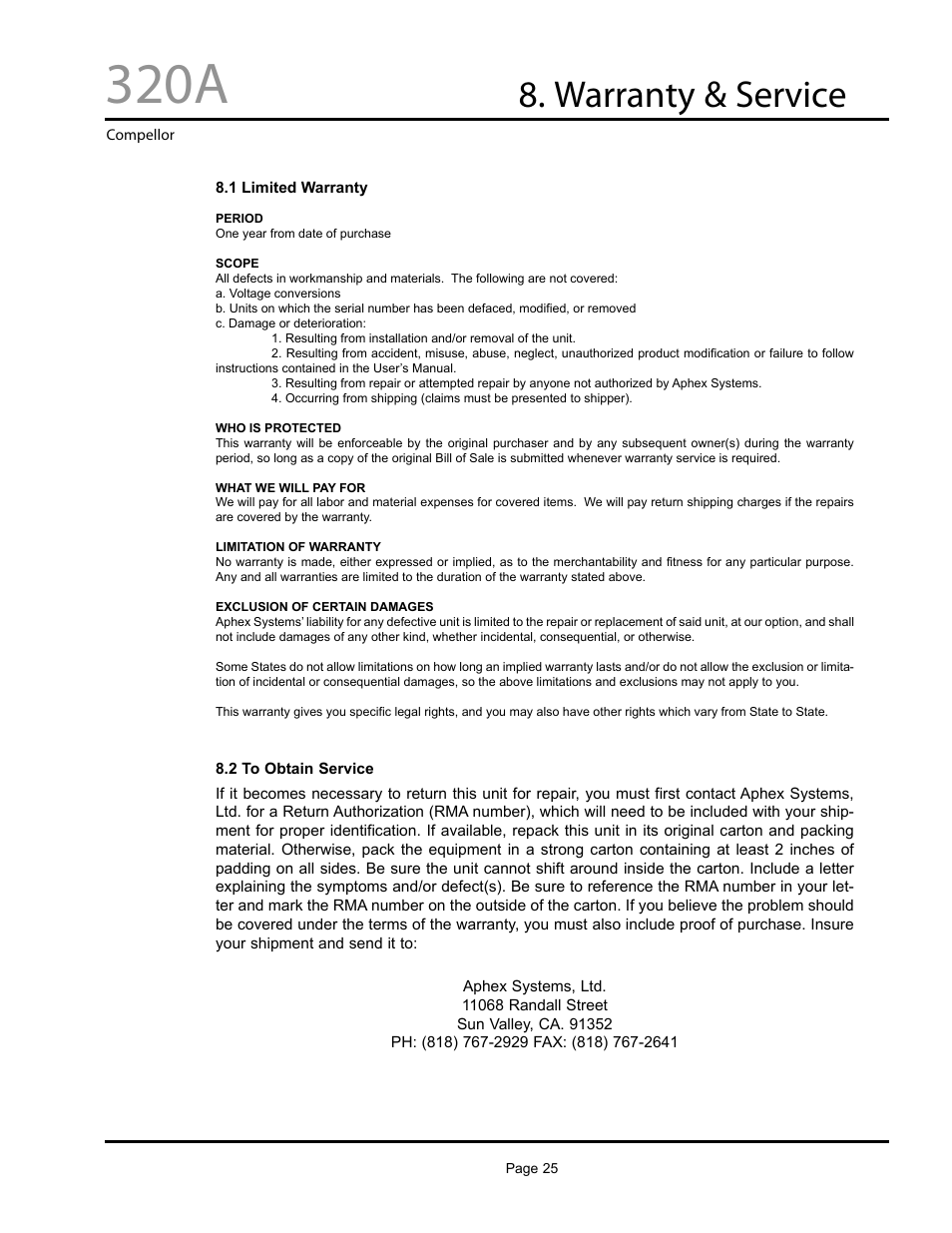 320a, Warranty & service | Aphex Systems 320A User Manual | Page 25 / 41