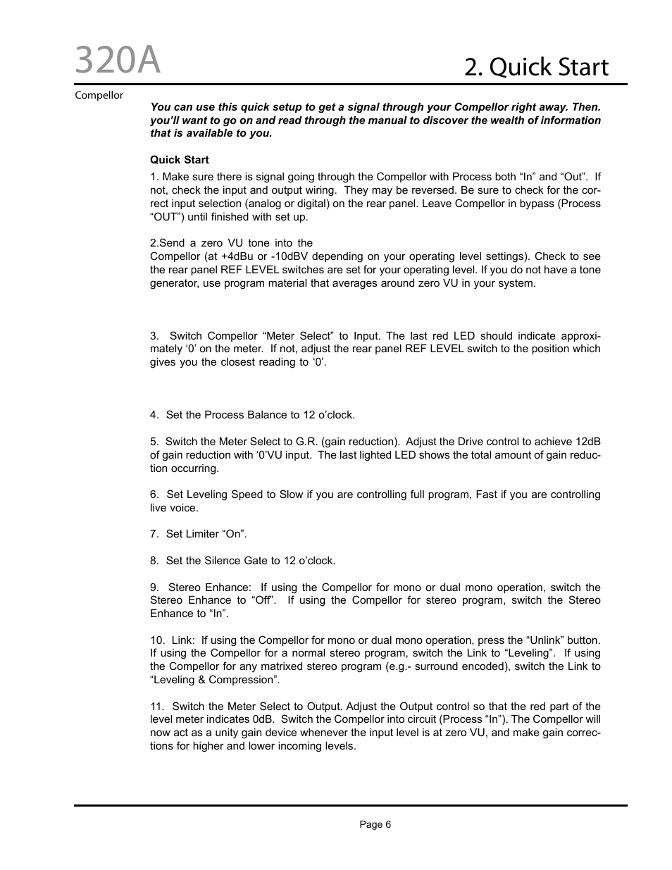 320a, Quick start | Aphex Systems 320A User Manual | Page 6 / 41